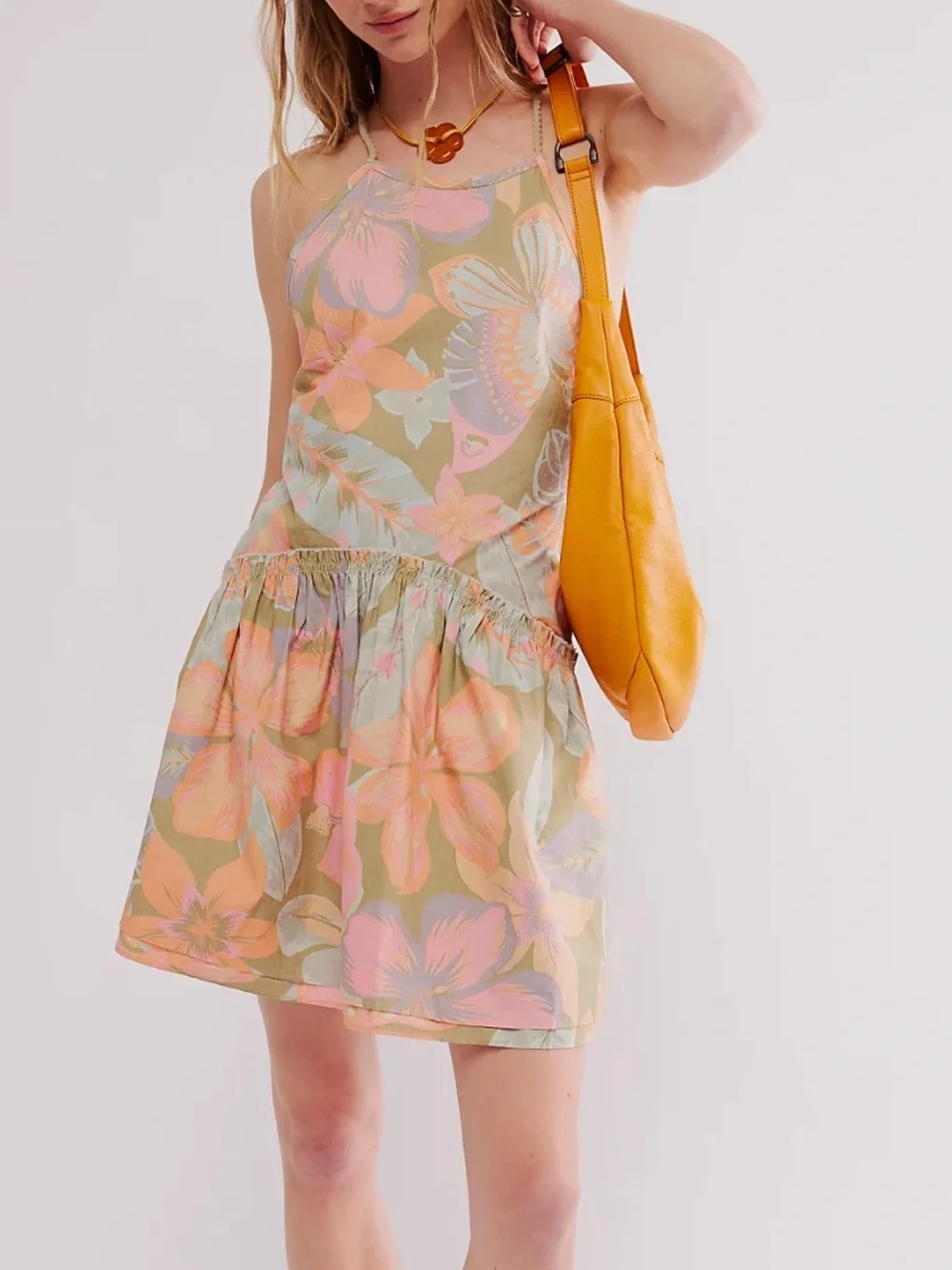 Free People Rainforest Combo DesPastel Floral Halter Mini Dress Size Large